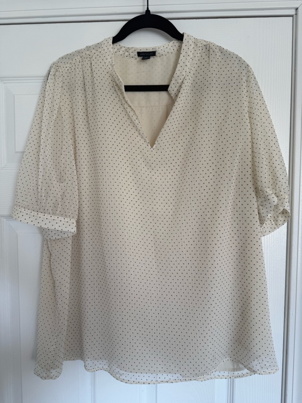 Ann Taylor Cream Blouse with Black Dot Pattern